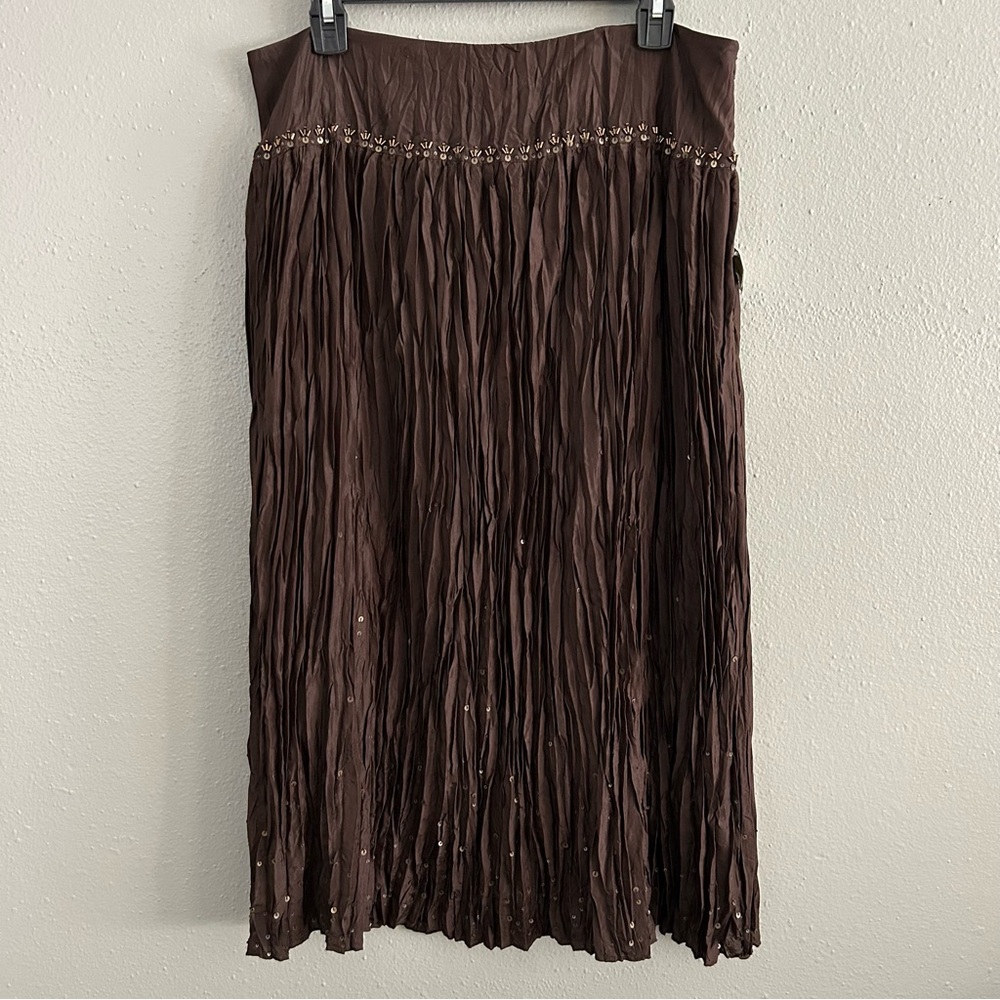 VTG TALBOTS Pure Silk Crinkle Sequin Maxi Skirt Lined Boho Brown Size 14P NWT